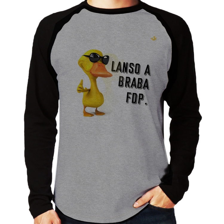 Camiseta Raglan Lanso a braba fdp Manga Longa - Cinza/Preto