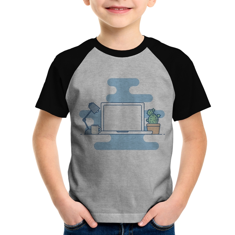 Camiseta Raglan Infantil Laptop - Cinza/Preto