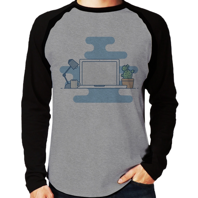 Camiseta Raglan Laptop Manga Longa - Cinza/Preto