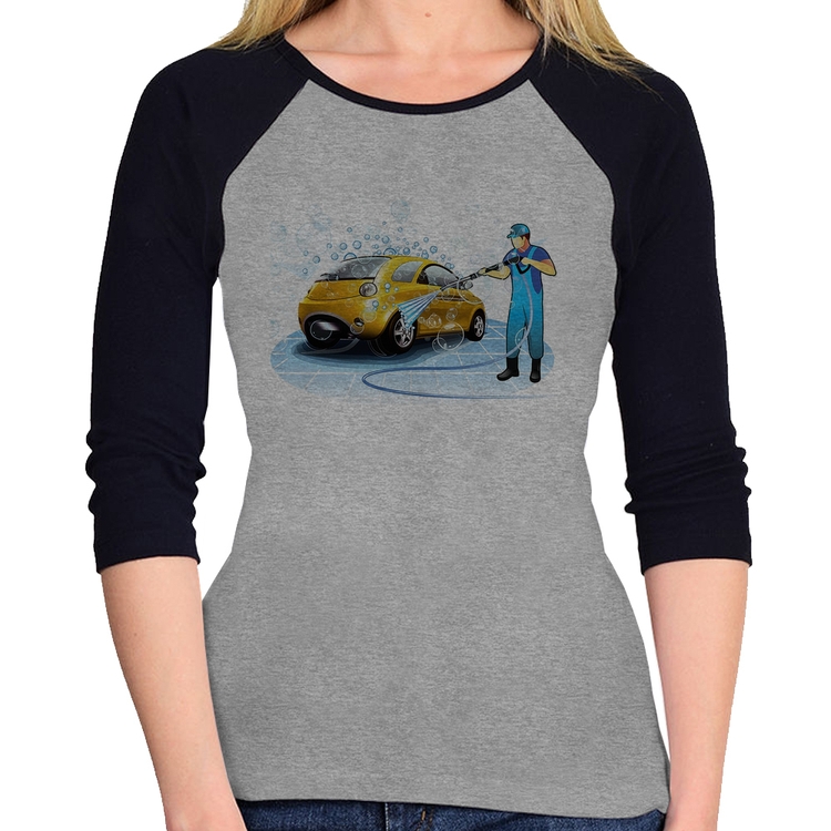 Baby Look Raglan Lava Jato Manga 3/4 - Cinza/Preto