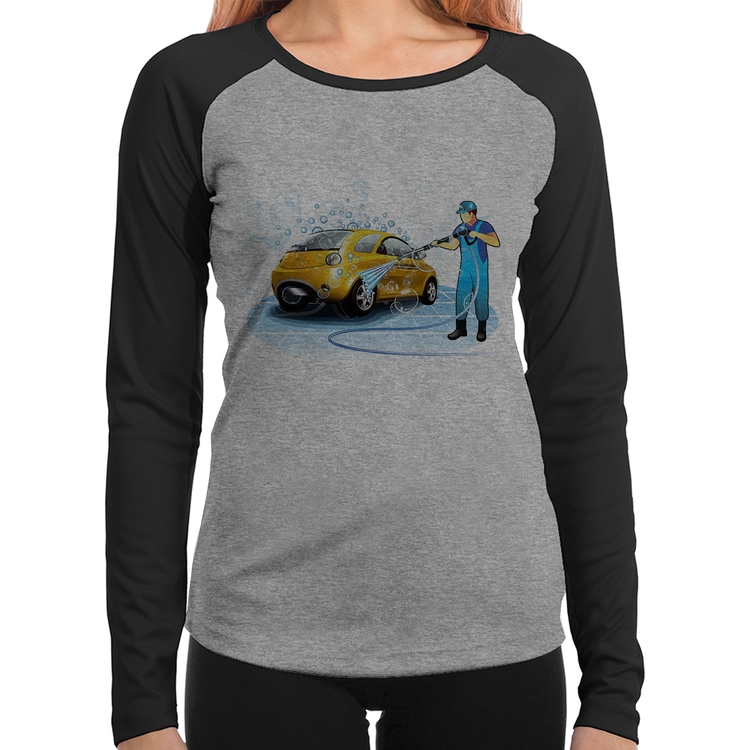 Baby Look Raglan Lava Jato Manga Longa - Cinza/Preto