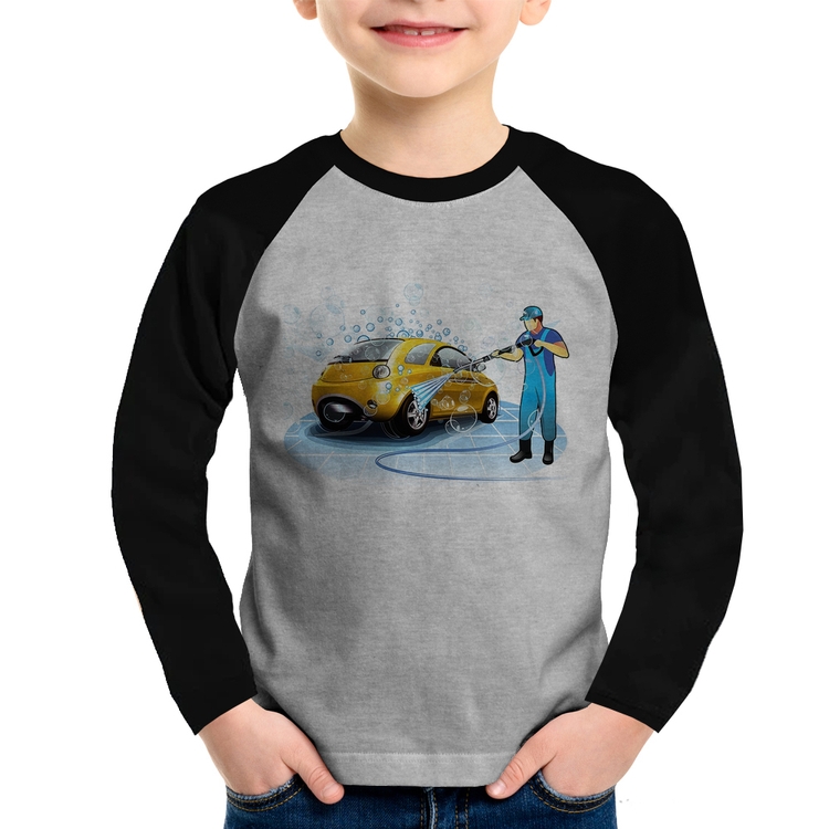 Camiseta Raglan Infantil Lava Jato Manga Longa - Cinza/Preto