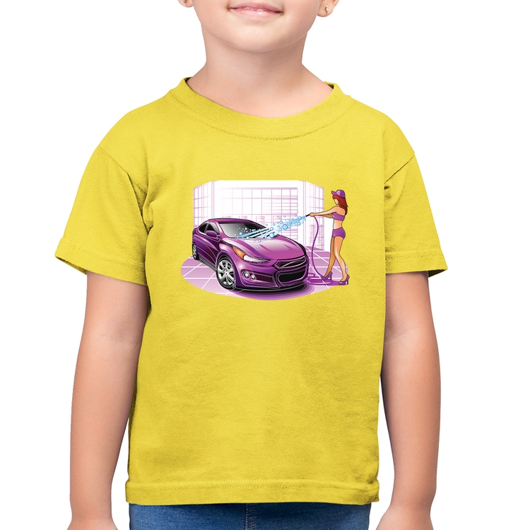 Camiseta Algodão Infantil Lava Jato Carro Roxo - Amarelo Canário