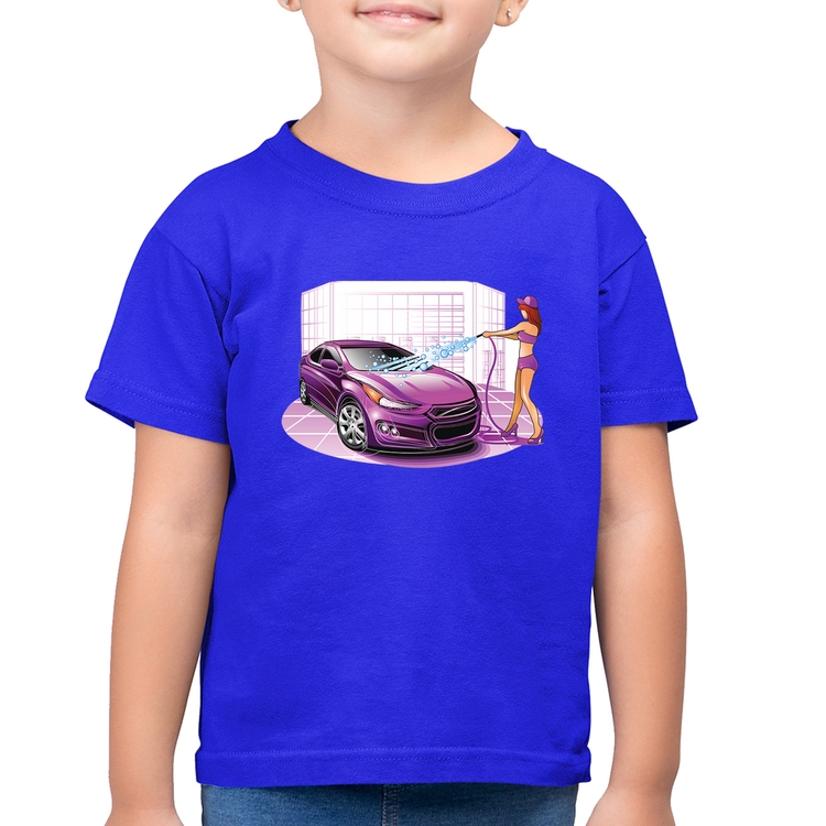 Camiseta Algodão Infantil Lava Jato Carro Roxo - Azul Royal