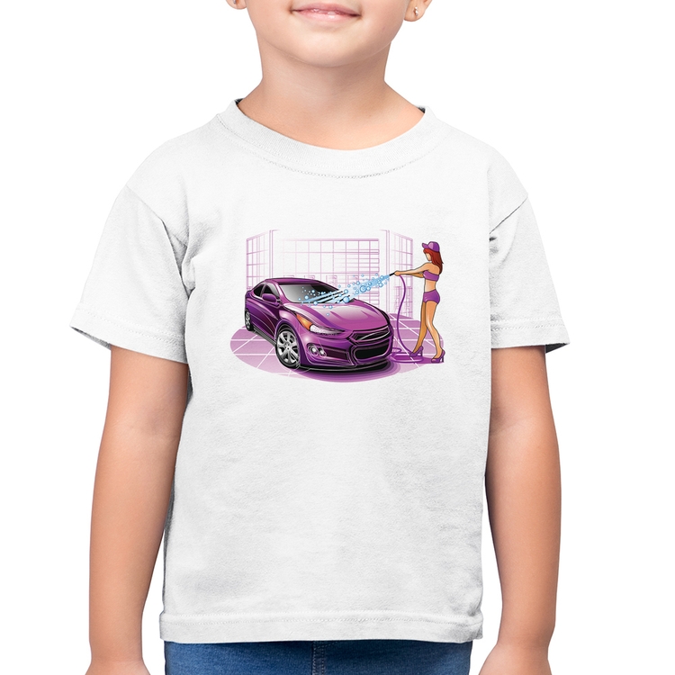 Camiseta Algodão Infantil Lava Jato Carro Roxo - Branca