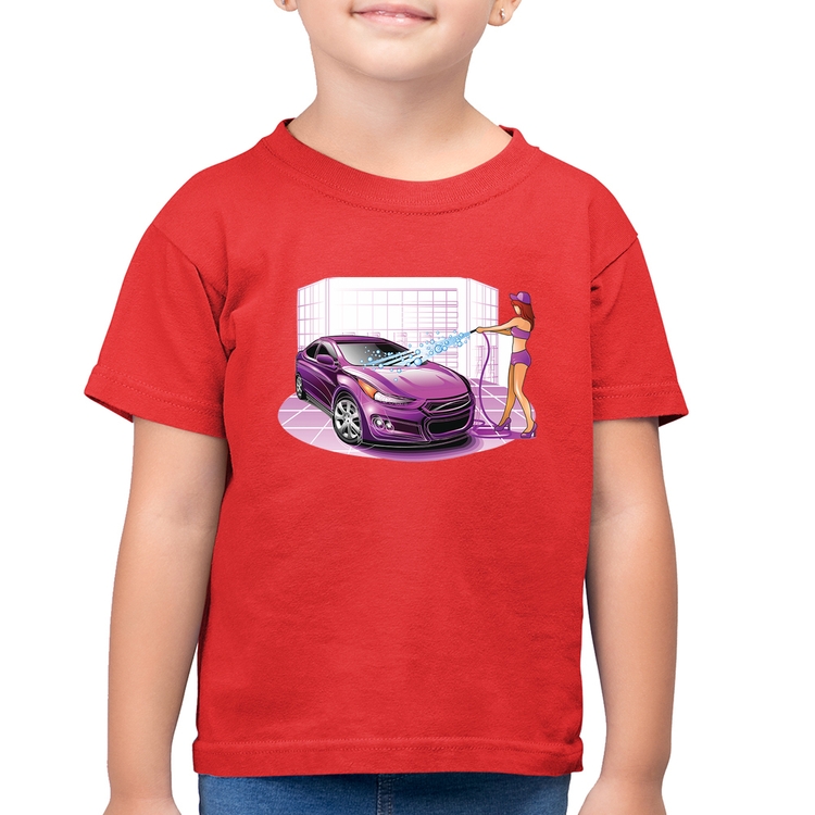 Camiseta Algodão Infantil Lava Jato Carro Roxo - Vermelha