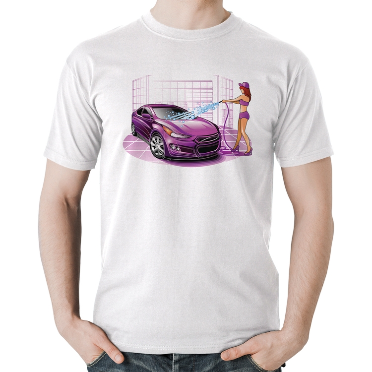 Camiseta Algodão Lava Jato Carro Roxo - Branca