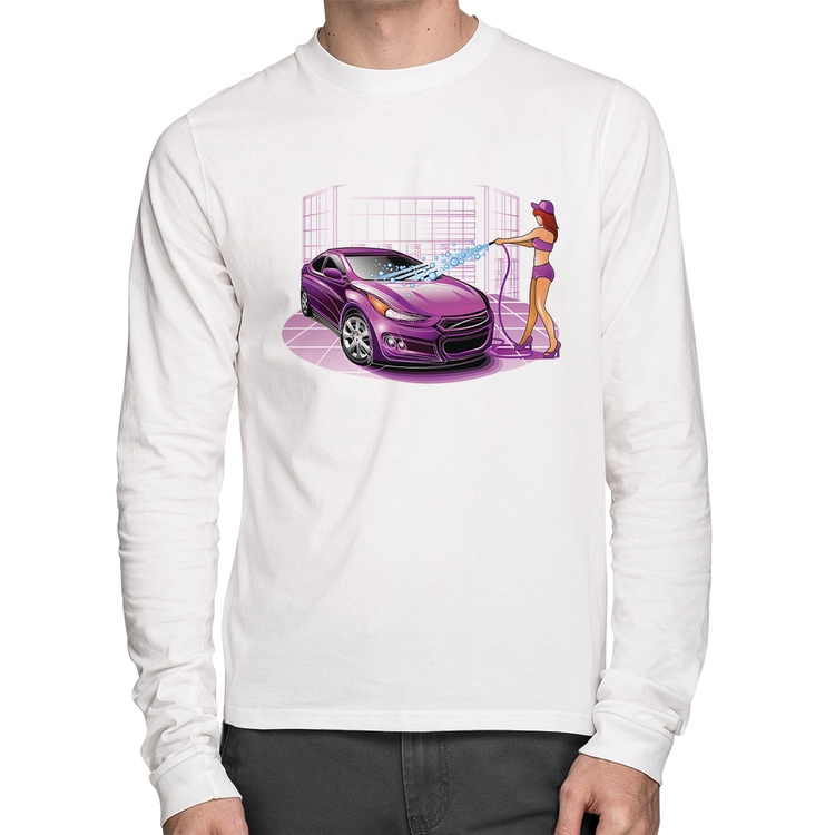 Camiseta Algodão Lava Jato Carro Roxo Manga Longa - Branca