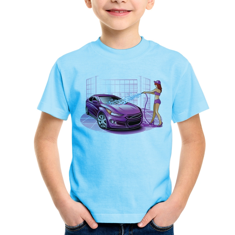 Camiseta Infantil Lava Jato Carro Roxo - Azul Bebê