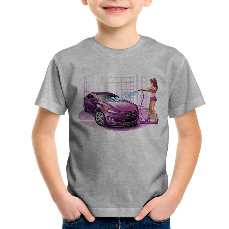 Camiseta Infantil Lava Jato Carro Roxo - Cinza