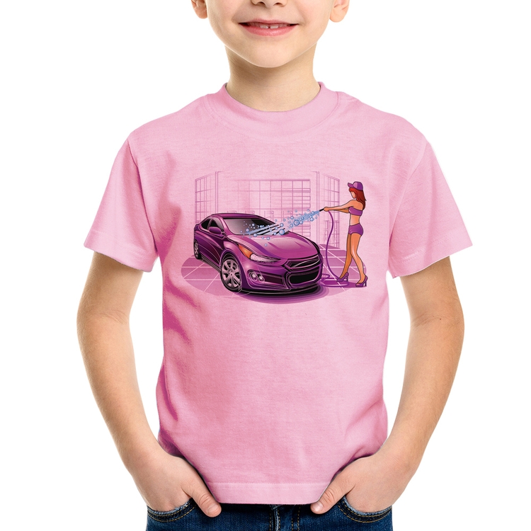 Camiseta Infantil Lava Jato Carro Roxo - Rosa Bebê