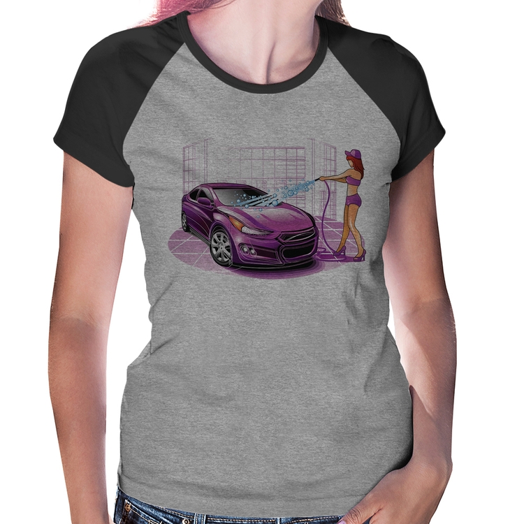 Baby Look Raglan Lava Jato Carro Roxo - Cinza/Preto