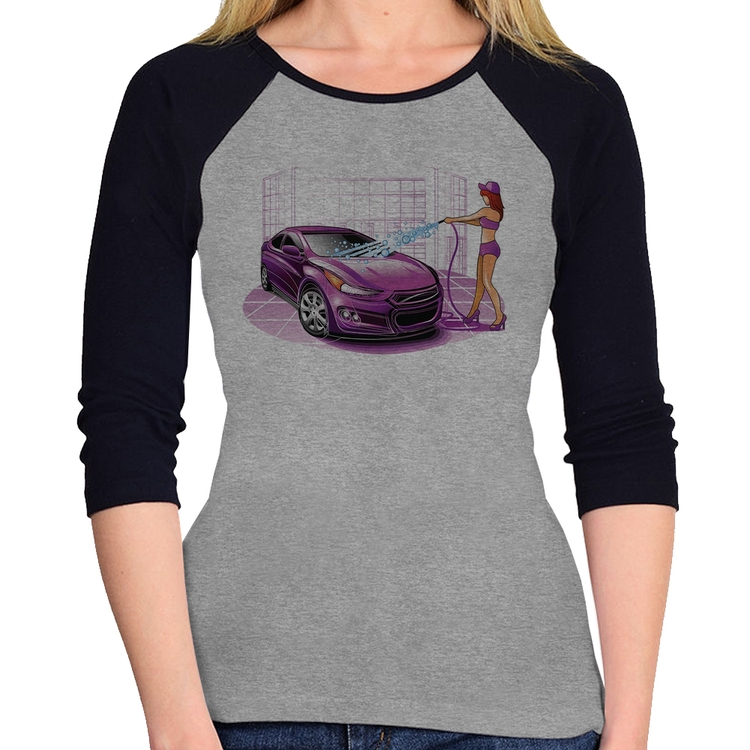 Baby Look Raglan Lava Jato Carro Roxo Manga 3/4 - Cinza/Preto