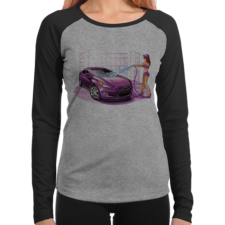 Baby Look Raglan Lava Jato Carro Roxo Manga Longa - Cinza/Preto