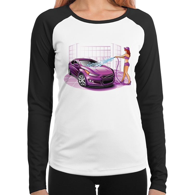 Baby Look Raglan Lava Jato Carro Roxo Manga Longa