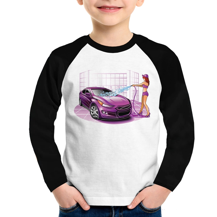 Camiseta Raglan Infantil Lava Jato Carro Roxo Manga Longa
