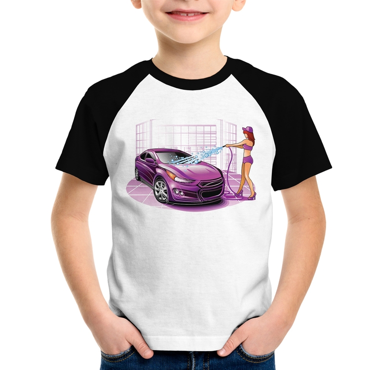 Camiseta Raglan Infantil Lava Jato Carro Roxo