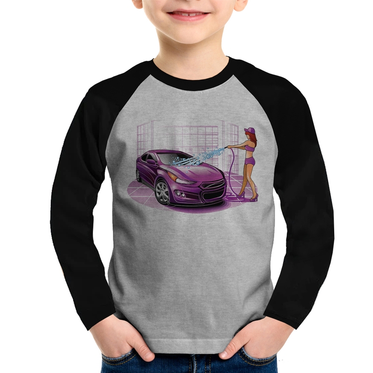 Camiseta Raglan Infantil Lava Jato Carro Roxo Manga Longa - Cinza/Preto