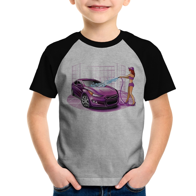 Camiseta Raglan Infantil Lava Jato Carro Roxo - Cinza/Preto