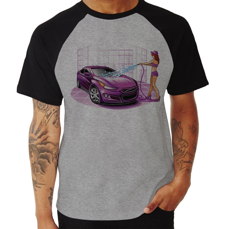 Camiseta Raglan Lava Jato Carro Roxo - Cinza/Preto