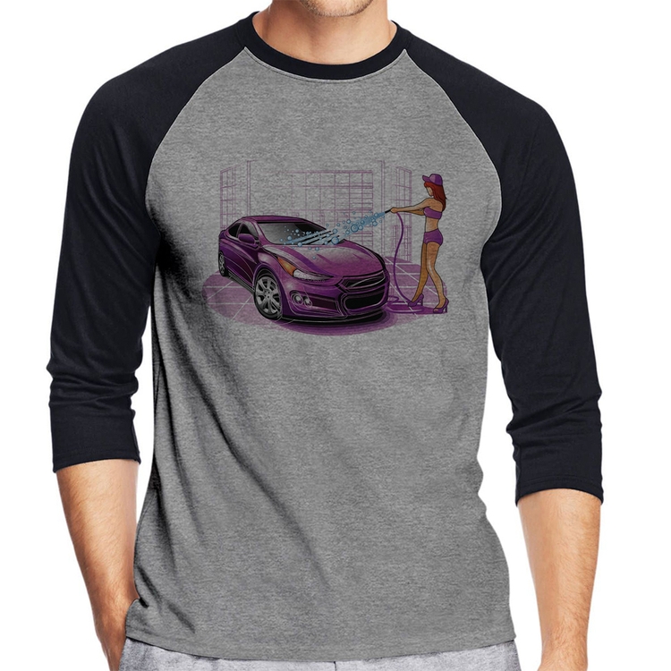 Camiseta Raglan Lava Jato Carro Roxo Manga 3/4 - Cinza/Preto