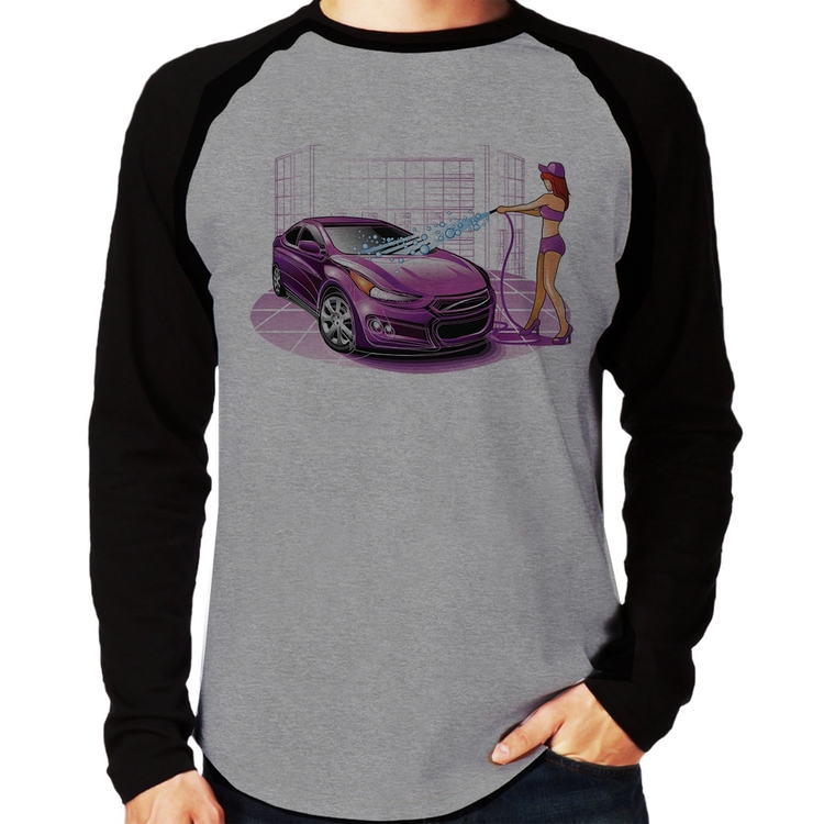 Camiseta Raglan Lava Jato Carro Roxo Manga Longa - Cinza/Preto