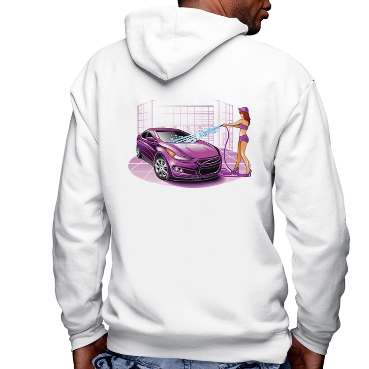 Blusa Moletom Lava Jato Carro Roxo Masculina com Capuz e Zíper - Branca