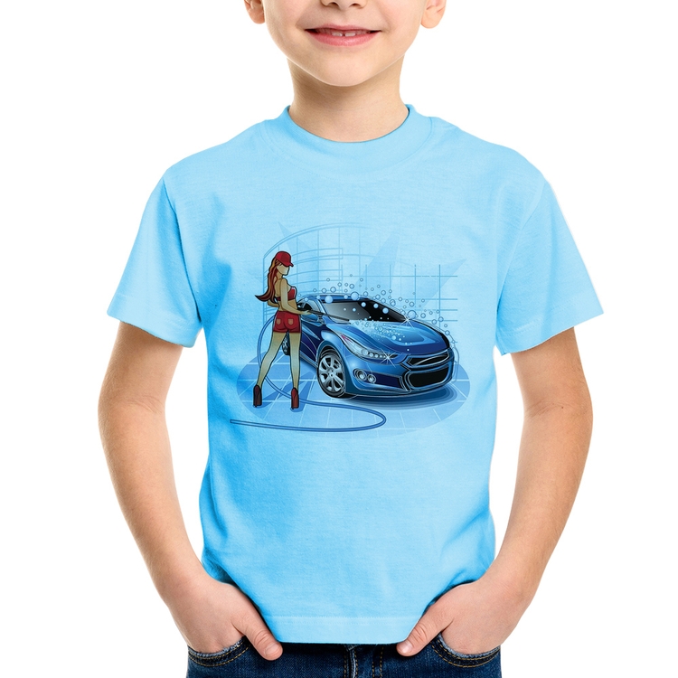 Camiseta Infantil Lava Jato Garota - Azul Bebê