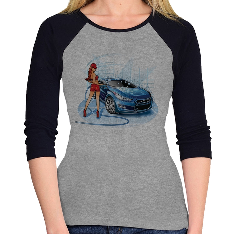 Baby Look Raglan Lava Jato Garota Manga 3/4 - Cinza/Preto