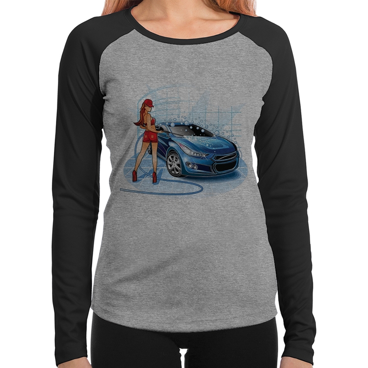 Baby Look Raglan Lava Jato Garota Manga Longa - Cinza/Preto