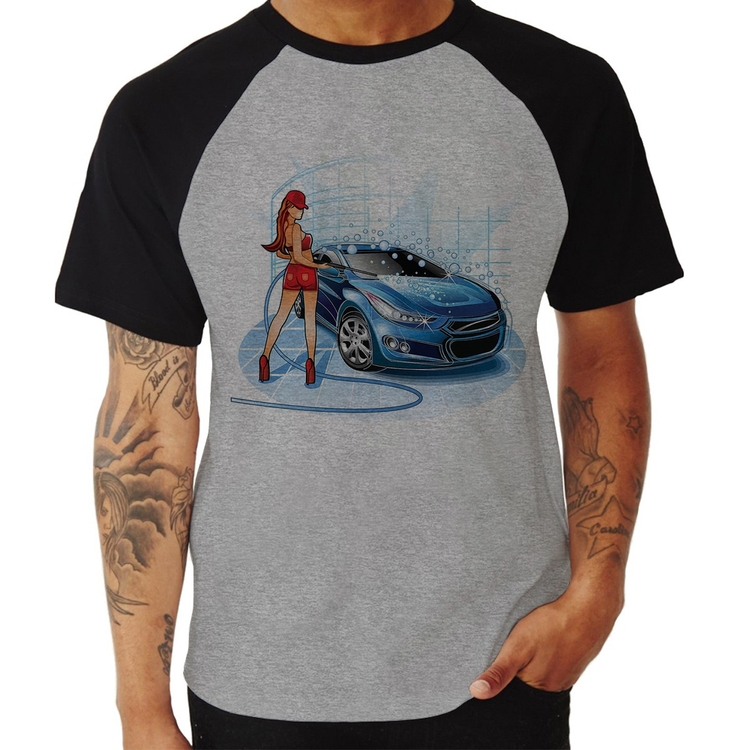 Camiseta Raglan Lava Jato Garota - Cinza/Preto