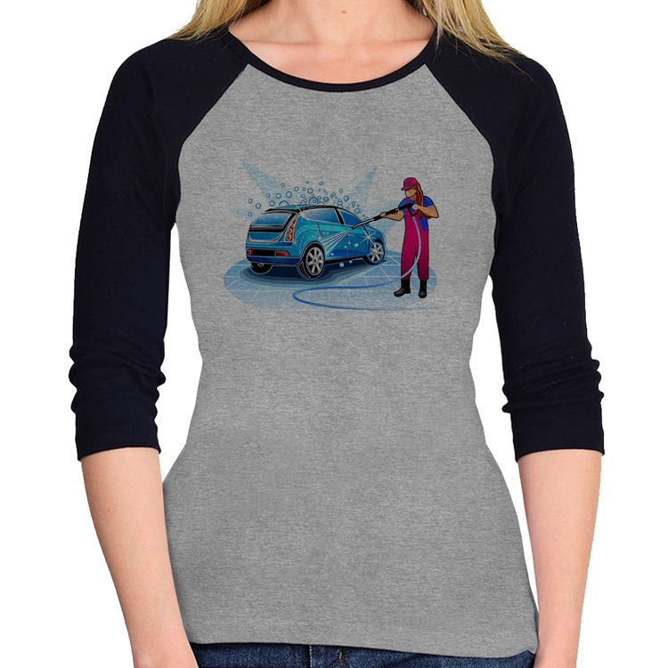 Baby Look Raglan Lava Jato Mulher Manga 3/4 - Cinza/Preto