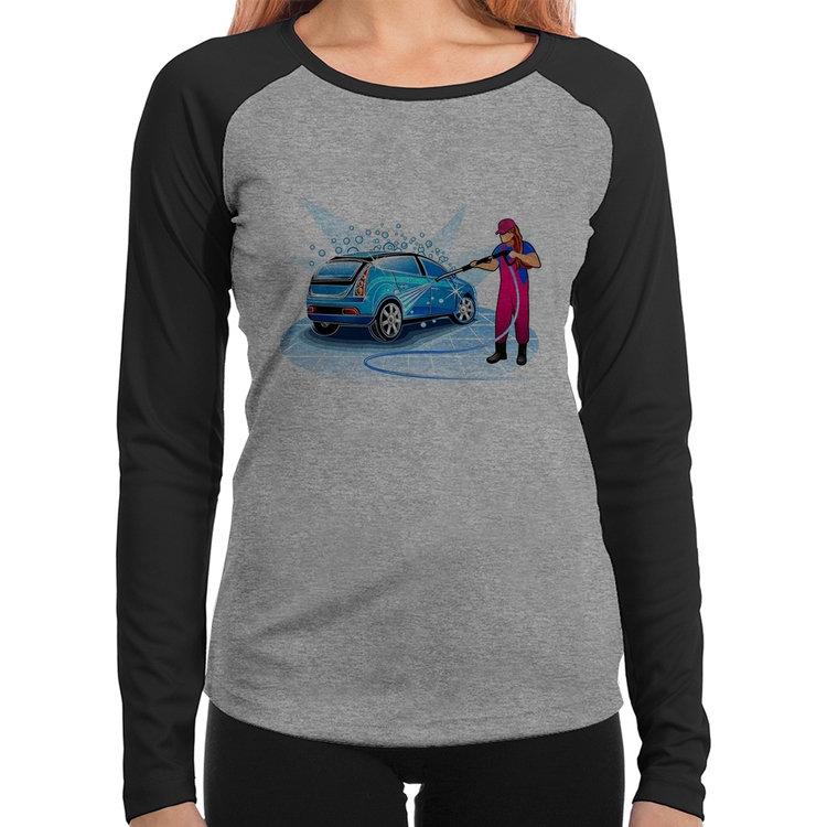 Baby Look Raglan Lava Jato Mulher Manga Longa - Cinza/Preto