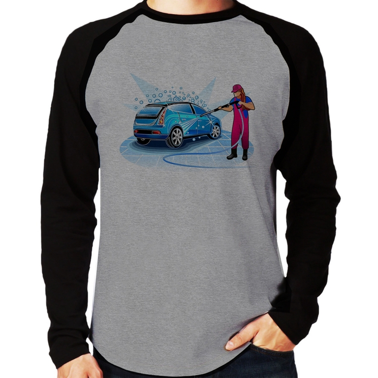 Camiseta Raglan Lava Jato Mulher Manga Longa - Cinza/Preto