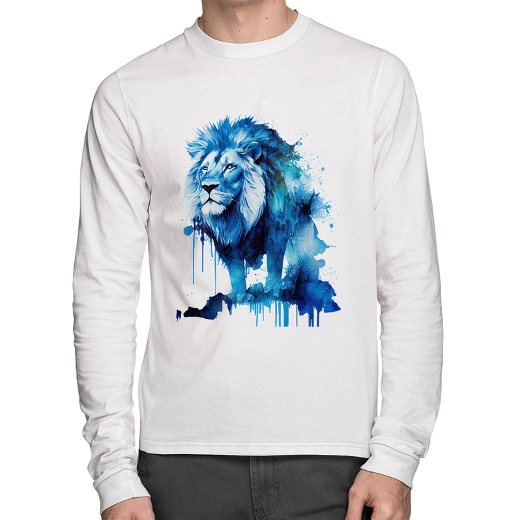 Camiseta Algodão Leão Azul Manga Longa - Branca