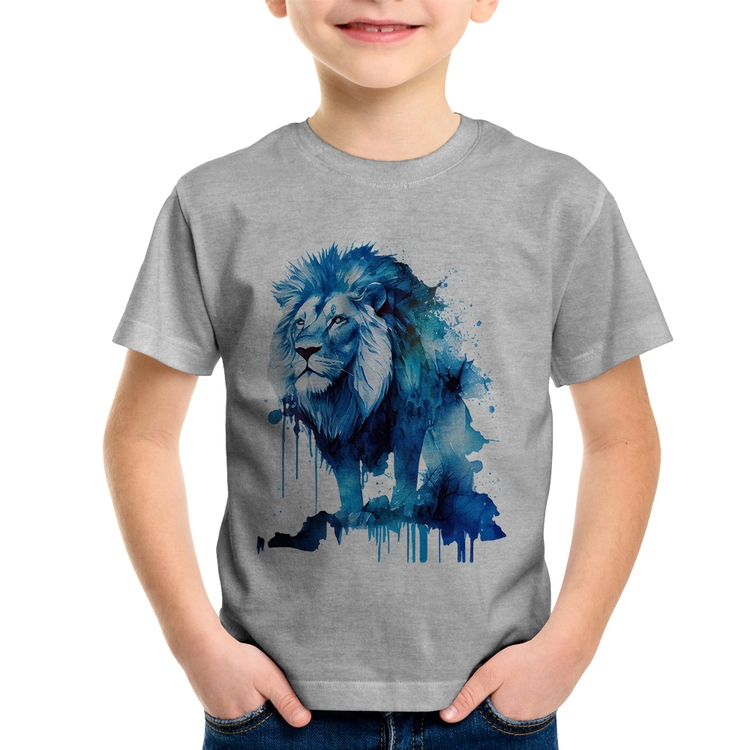 Camiseta Infantil Leão Azul - Cinza