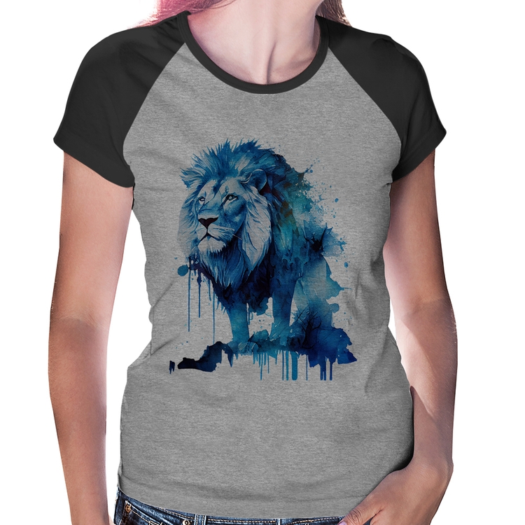 Baby Look Raglan Leão Azul - Cinza/Preto