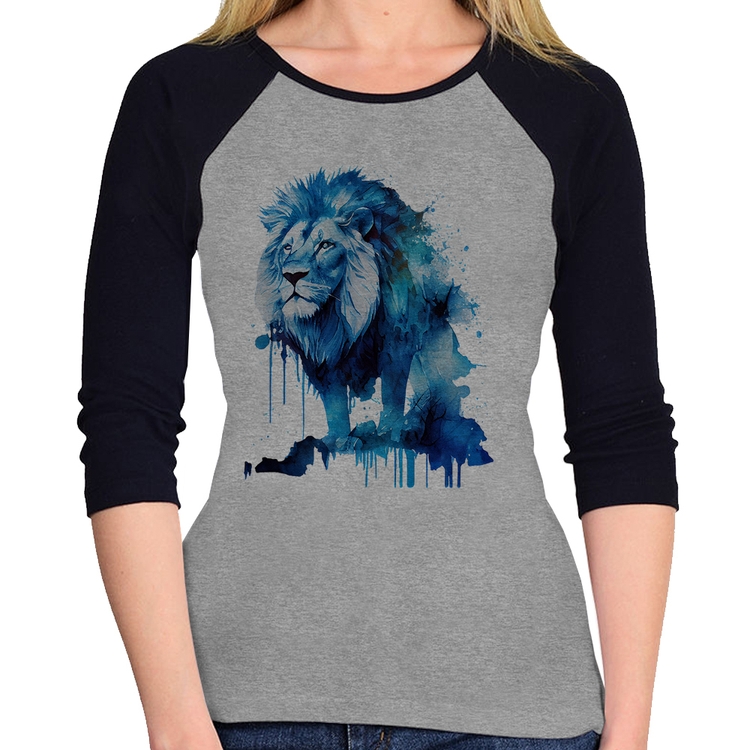 Baby Look Raglan Leão Azul Manga 3/4 - Cinza/Preto