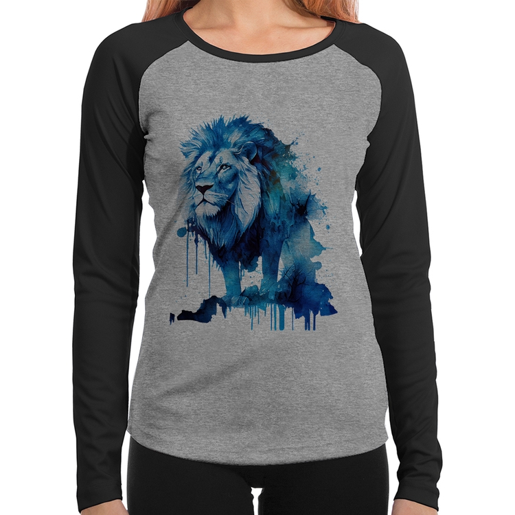 Baby Look Raglan Leão Azul Manga Longa - Cinza/Preto