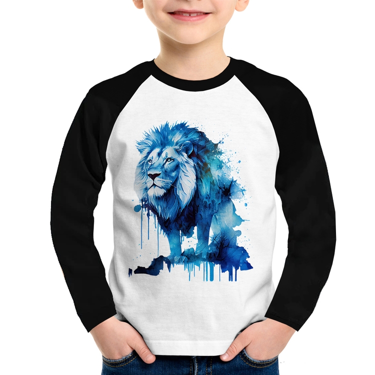 Camiseta Raglan Infantil Leão Azul Manga Longa