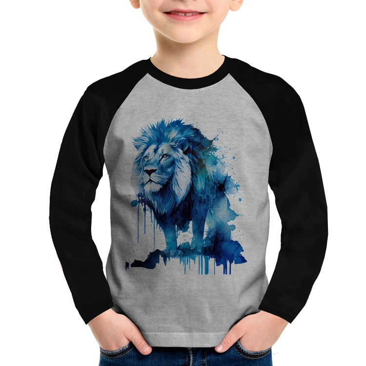 Camiseta Raglan Infantil Leão Azul Manga Longa - Cinza/Preto