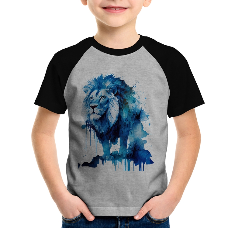 Camiseta Raglan Infantil Leão Azul - Cinza/Preto