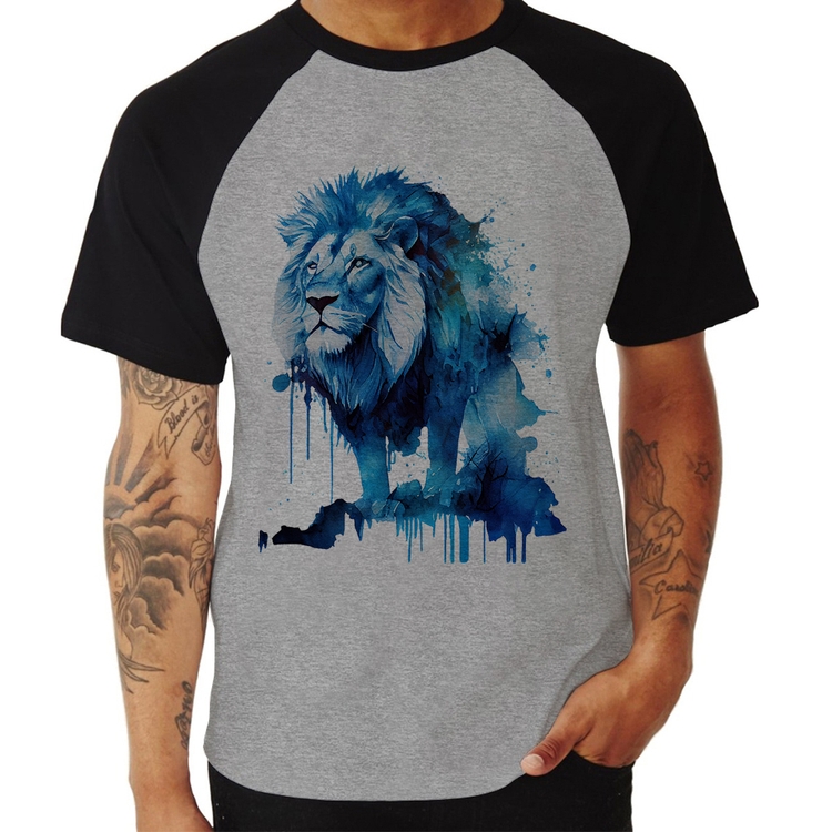 Camiseta Raglan Leão Azul - Cinza/Preto