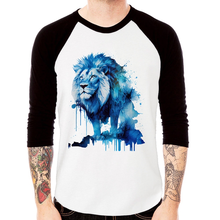 Camiseta Raglan Leão Azul Manga 3/4