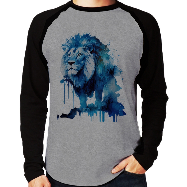 Camiseta Raglan Leão Azul Manga Longa - Cinza/Preto
