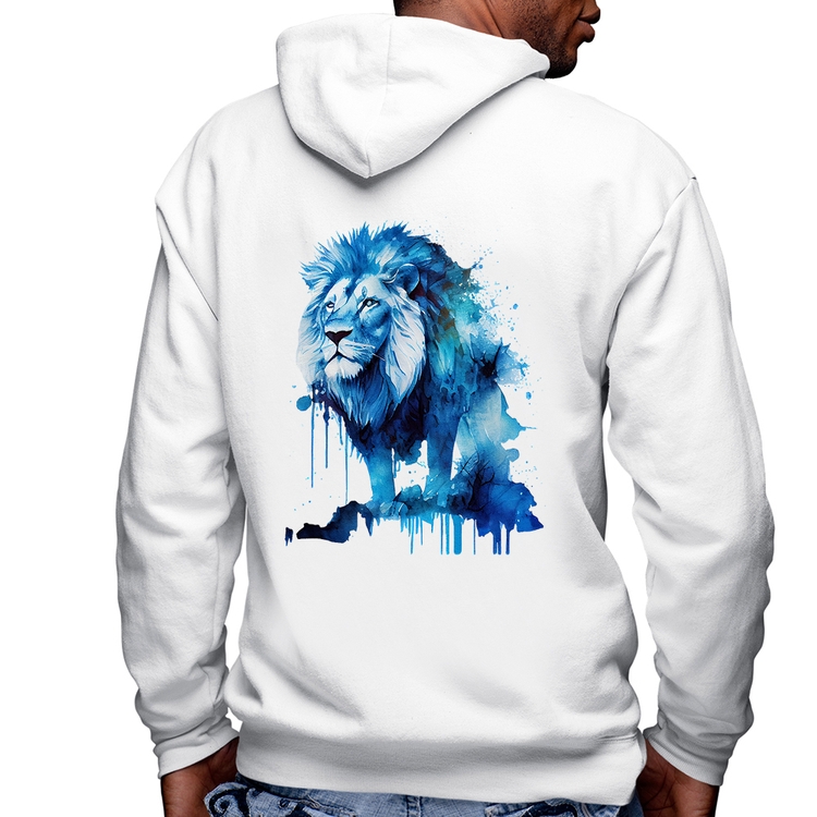 Blusa Moletom Leão Azul Masculina com Capuz e Zíper - Branca