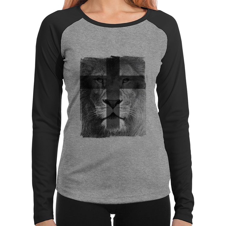 Baby Look Raglan Leão de Judá Manga Longa - Cinza/Preto