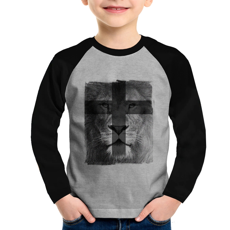 Camiseta Raglan Infantil Leão de Judá Manga Longa - Cinza/Preto