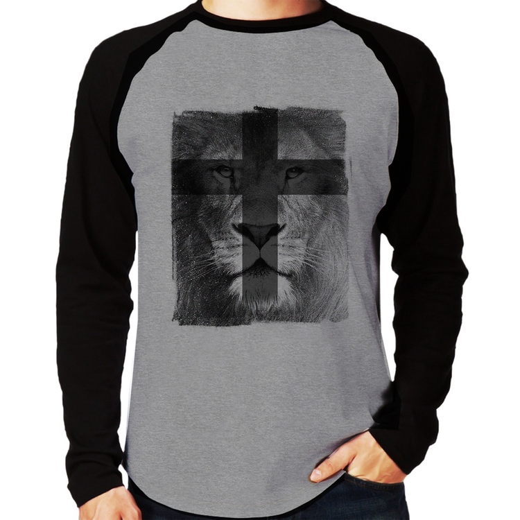 Camiseta Raglan Leão de Judá Manga Longa - Cinza/Preto