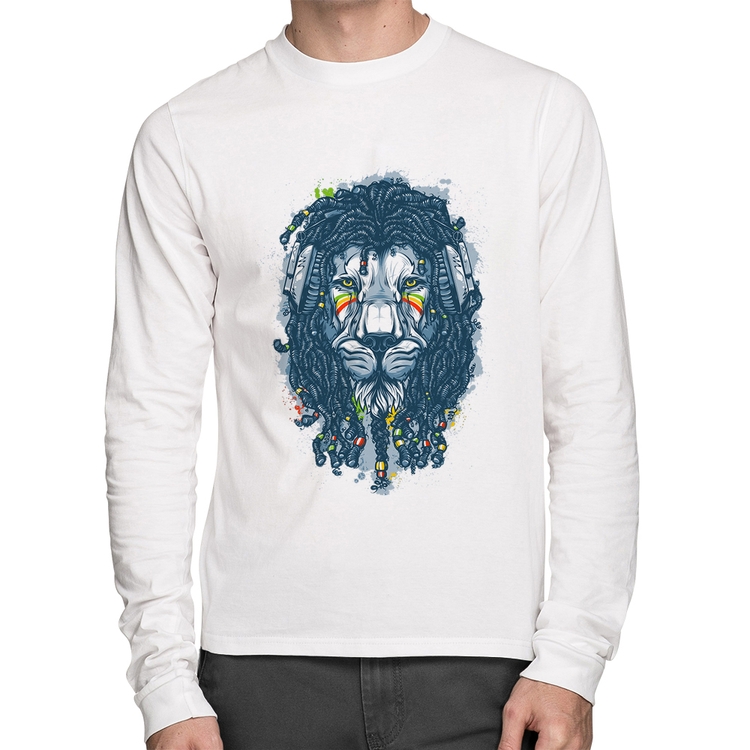 Camiseta Algodão Leão Reggae Manga Longa - Branca